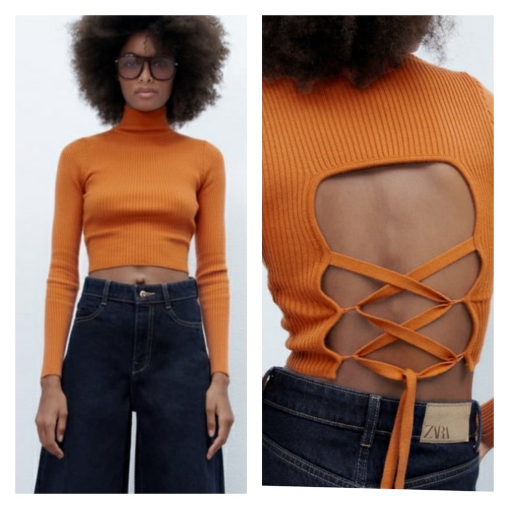ZARA Sexy Orange Open Cut Out Back Lattice Long Sleeve Turtleneck Ribbed Sweater